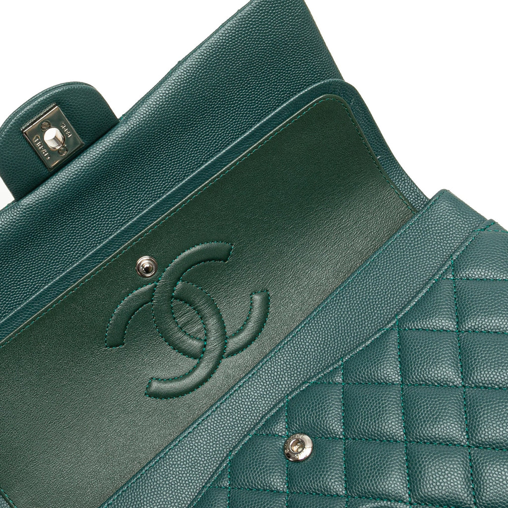Second hand Chanel Classic Double Flap Medium Matelassè Caviar Leather Flap Shoulder Bag Green - Tabita Bags