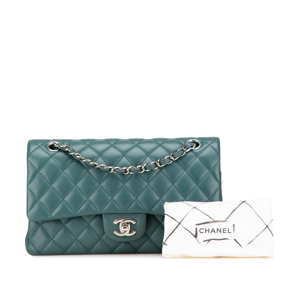 Second hand Chanel Classic Double Flap Medium Matelassè Caviar Leather Flap Shoulder Bag Green - Tabita Bags