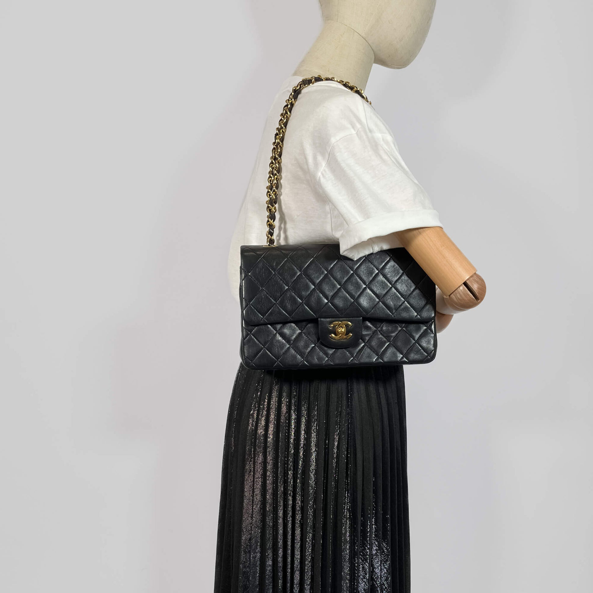 Second hand Chanel Classic Double Flap Medium Matelassè Lambskin Flap Bag Black - Tabita Bags