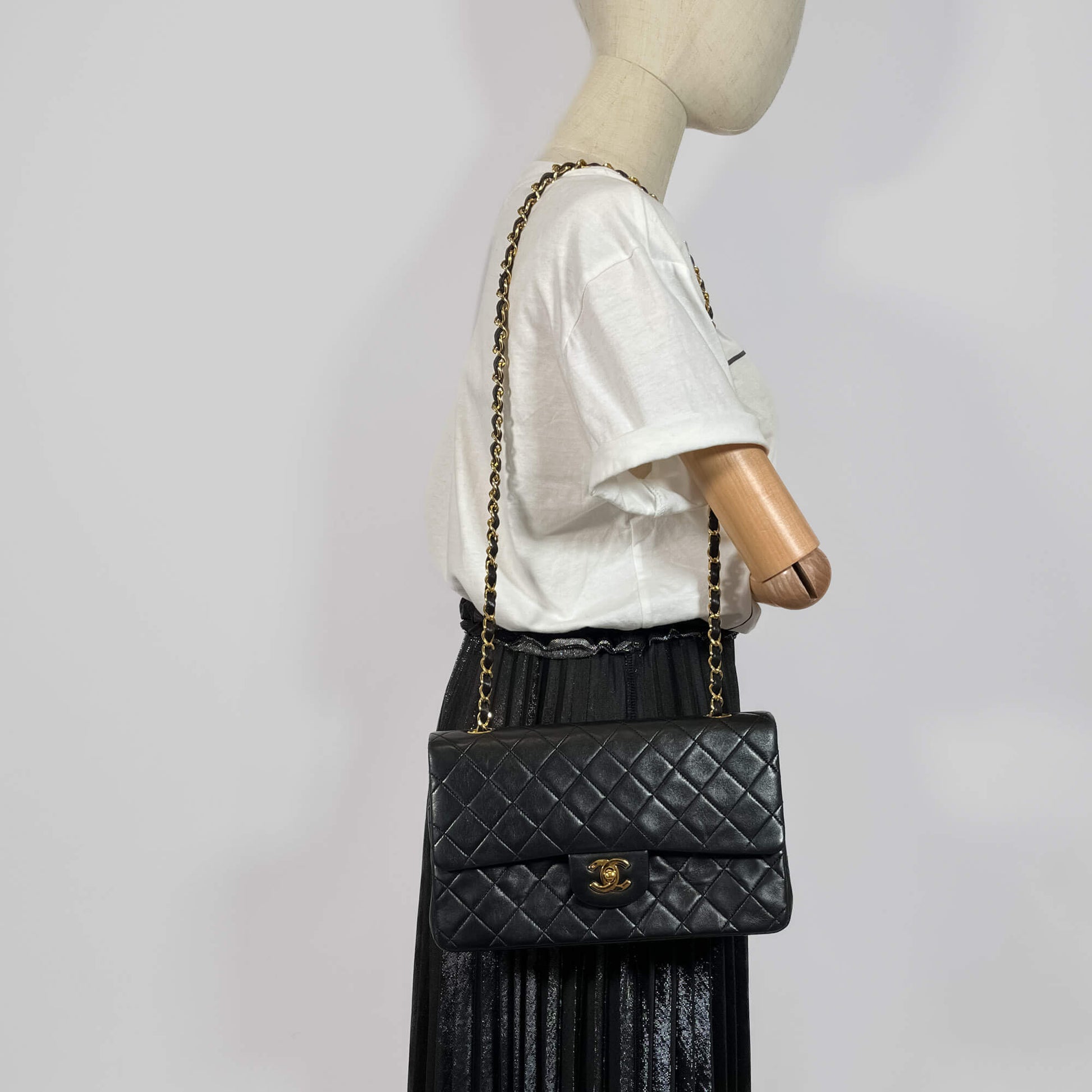 Second hand Chanel Classic Double Flap Medium Matelassè Lambskin Flap Bag Black - Tabita Bags