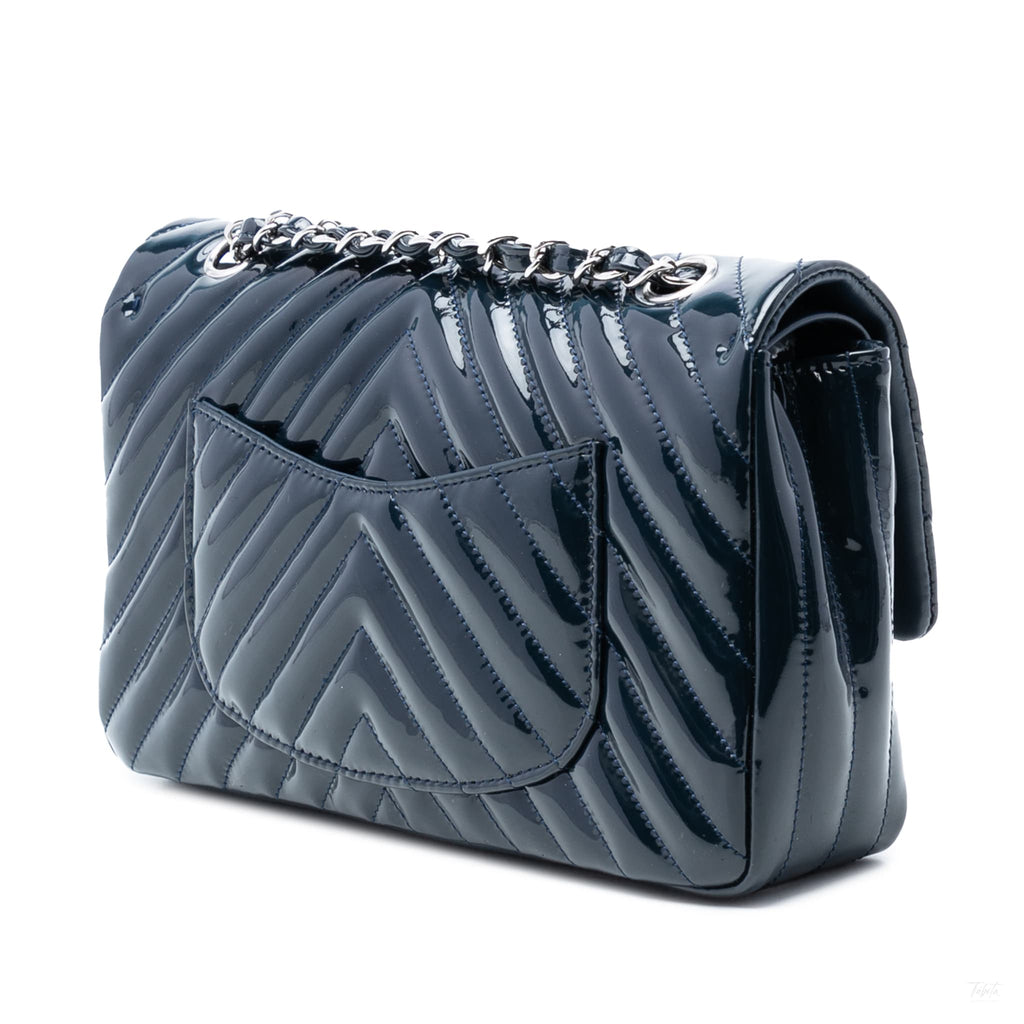 Second hand Chanel Classic Double Flap Medium Patent Leather Chevron Shoulder Bag Blue - Tabita Bags