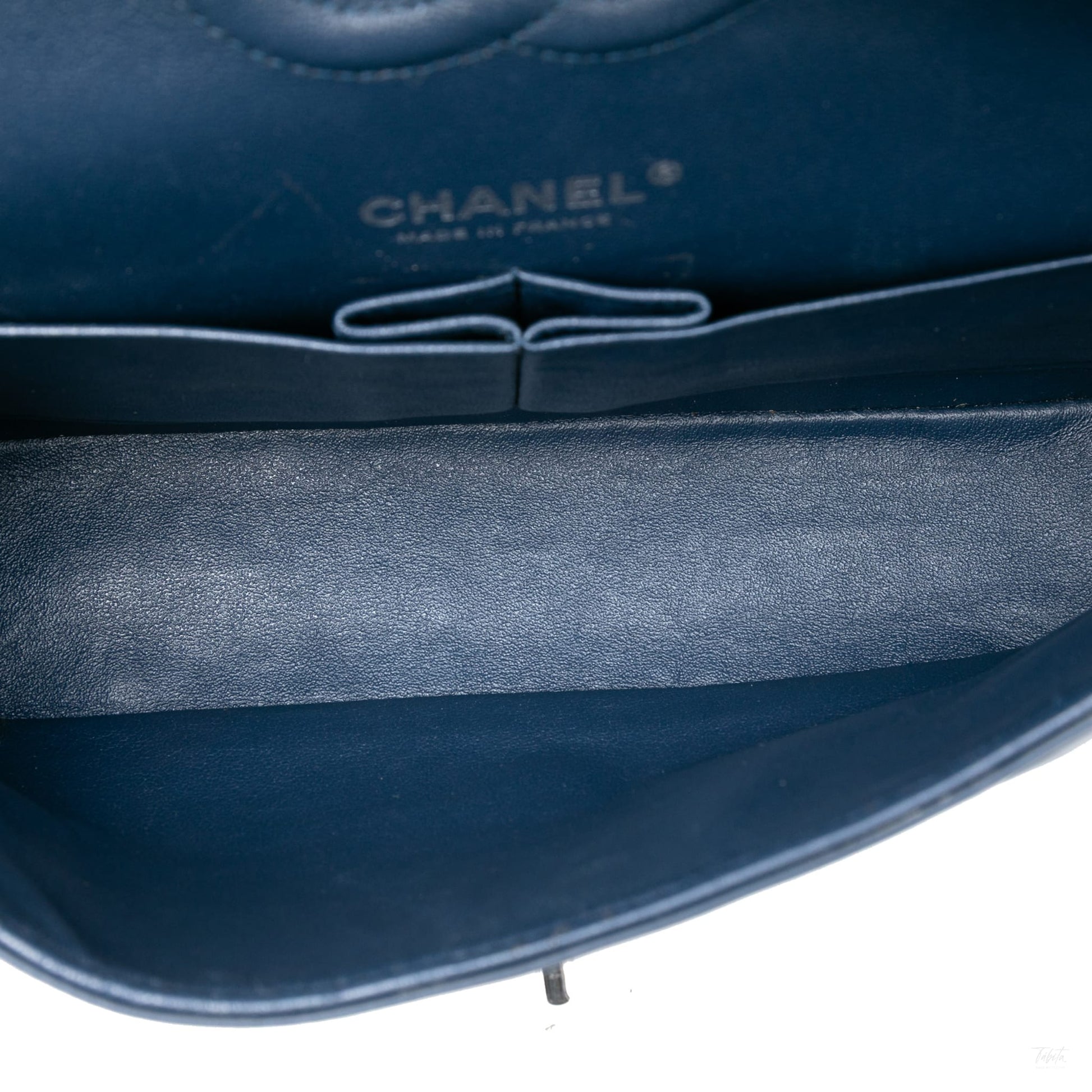 Second hand Chanel Classic Double Flap Medium Patent Leather Chevron Shoulder Bag Blue - Tabita Bags