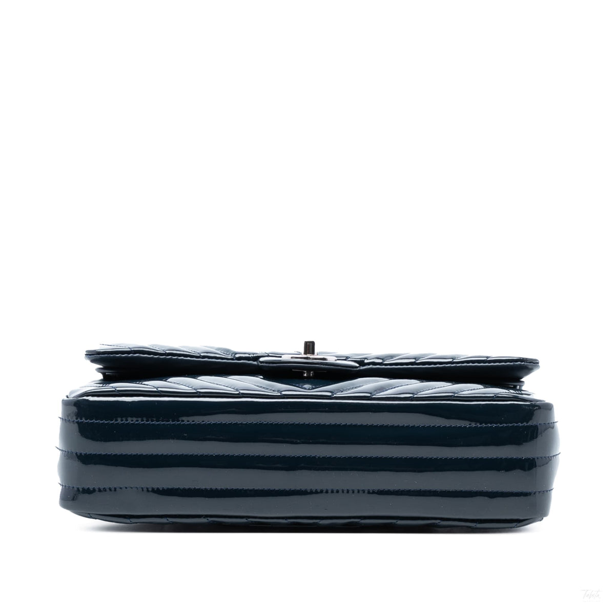 Second hand Chanel Classic Double Flap Medium Patent Leather Chevron Shoulder Bag Blue - Tabita Bags