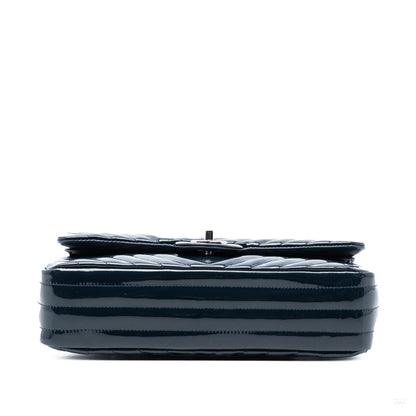 Second hand Chanel Classic Double Flap Medium Patent Leather Chevron Shoulder Bag Blue - Tabita Bags