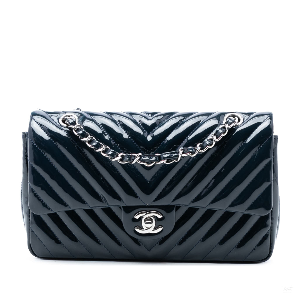 Second hand Chanel Classic Double Flap Medium Patent Leather Chevron Shoulder Bag Blue - Tabita Bags