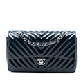 Second hand Chanel Classic Double Flap Medium Patent Leather Chevron Shoulder Bag Blue - Tabita Bags