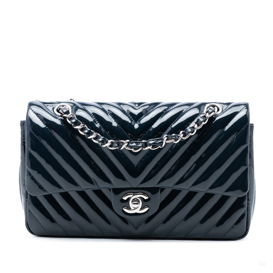 Second hand Chanel Classic Double Flap Medium Patent Leather Chevron Shoulder Bag Blue - Tabita Bags