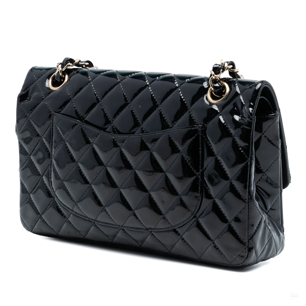 Second hand Chanel Classic Double Flap Medium Patent Leather Matelassè Shoulder Bag Black - Tabita Bags