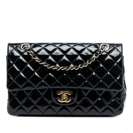 Second hand Chanel Classic Double Flap Medium Patent Leather Matelassè Shoulder Bag Black - Tabita Bags