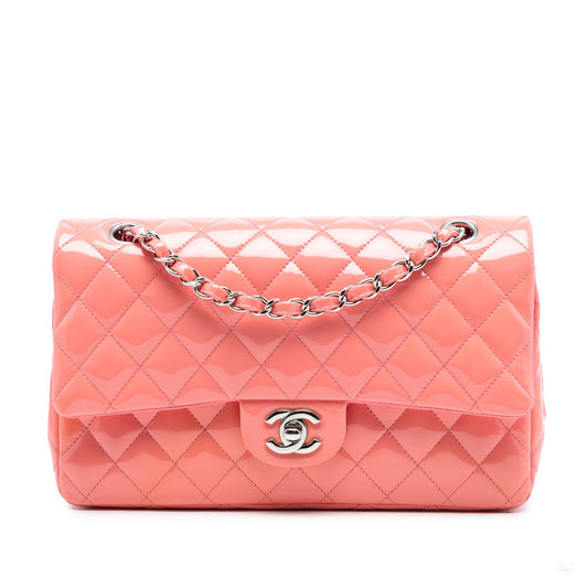 Second hand Chanel Classic Double Flap Medium Patent Leather Matelassè Shoulder Bag Pink - Tabita Bags