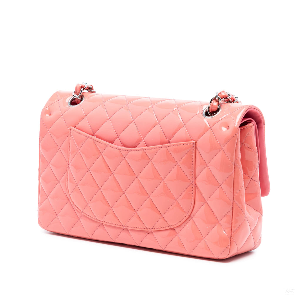 Second hand Chanel Classic Double Flap Medium Patent Leather Matelassè Shoulder Bag Pink - Tabita Bags
