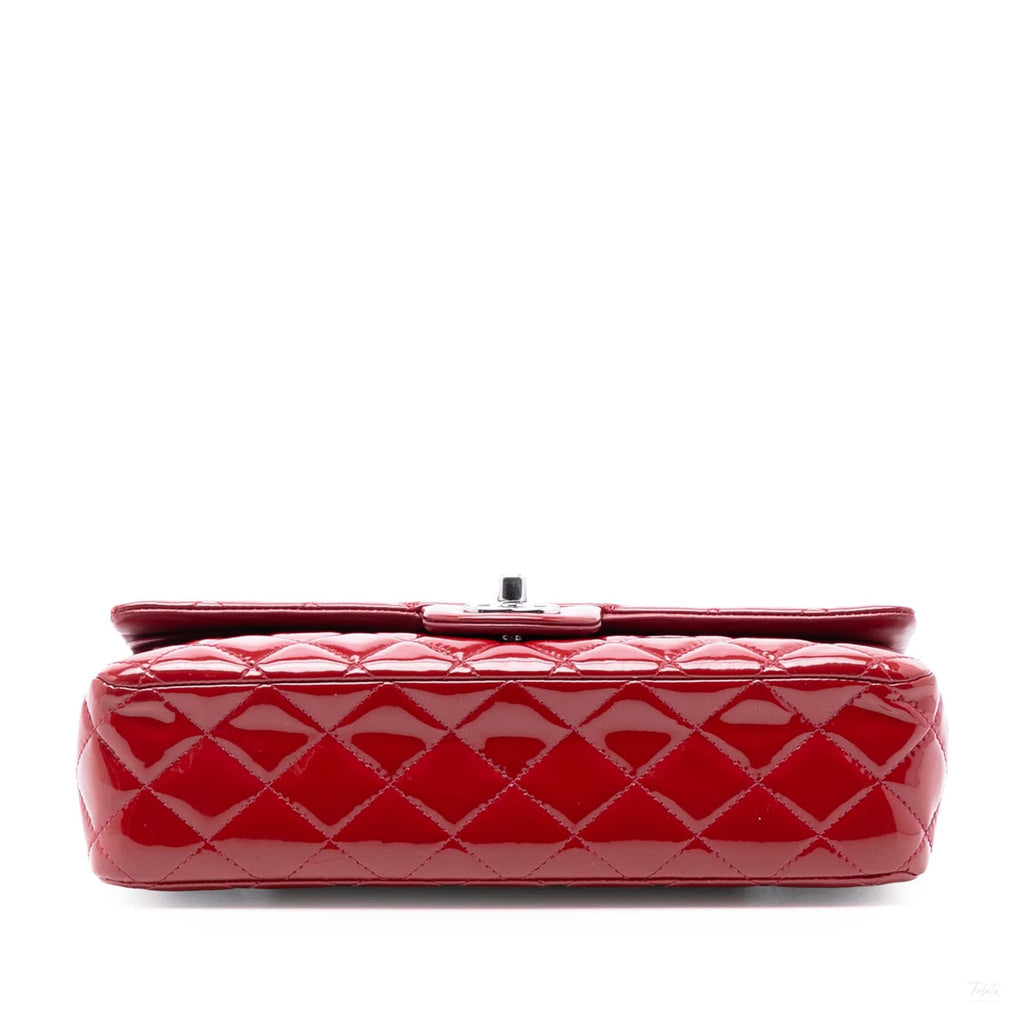 Second hand Chanel Classic Double Flap Medium Patent Leather Matelassè Shoulder Bag Red - Tabita Bags