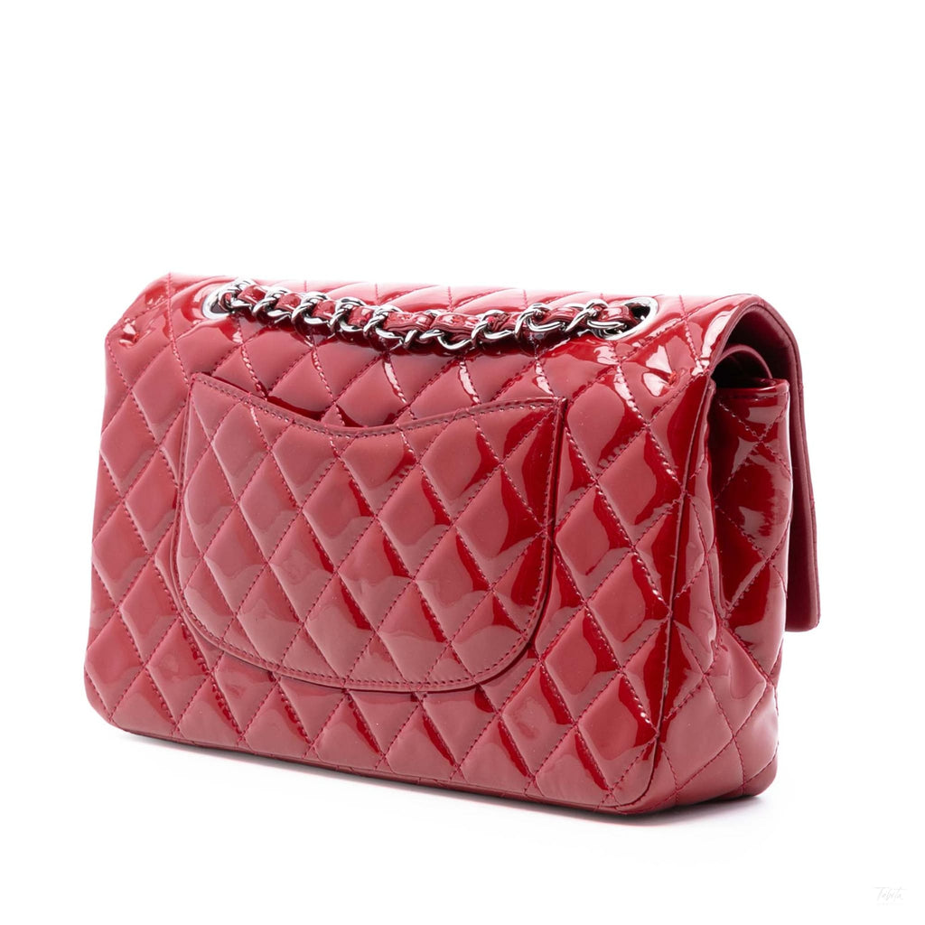 Second hand Chanel Classic Double Flap Medium Patent Leather Matelassè Shoulder Bag Red - Tabita Bags