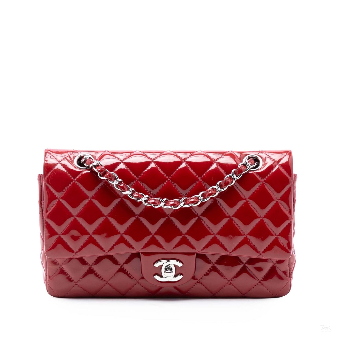 Second hand Chanel Classic Double Flap Medium Patent Leather Matelassè Shoulder Bag Red - Tabita Bags