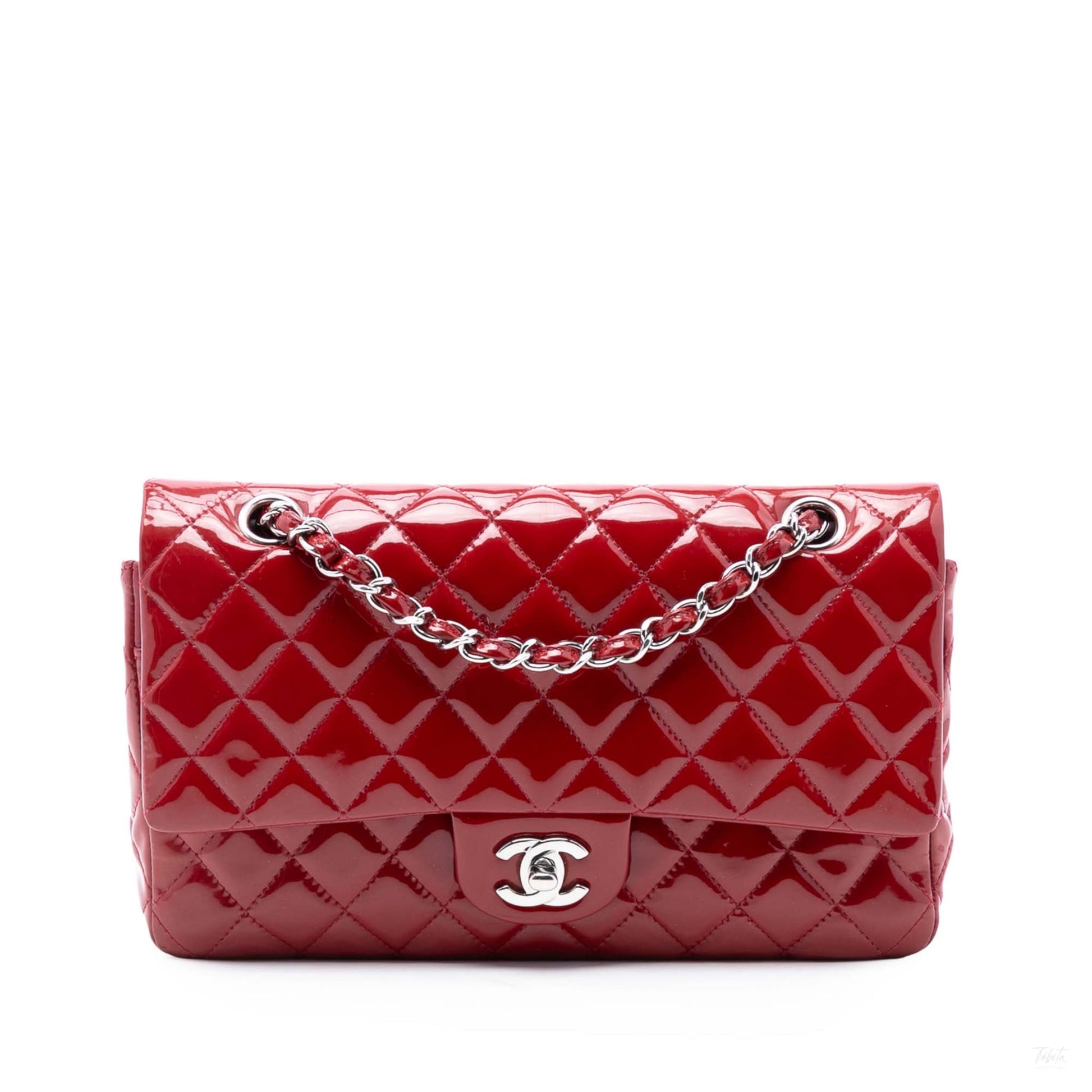 Second hand Chanel Classic Double Flap Medium Patent Leather Matelassè Shoulder Bag Red - Tabita Bags