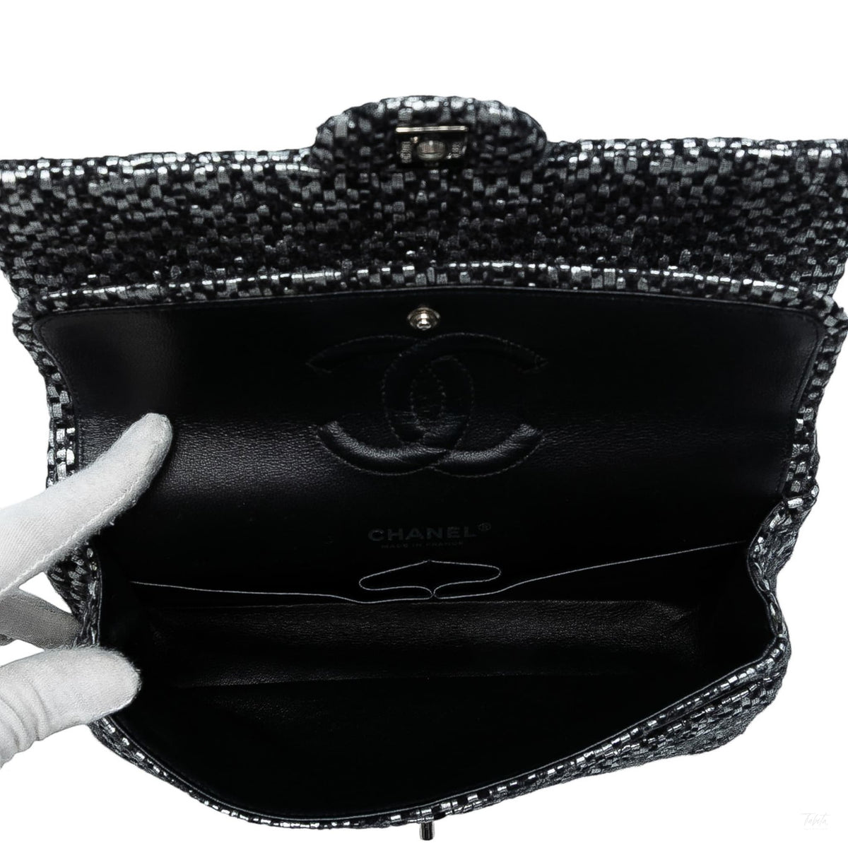 Second hand Chanel Classic Double Flap Medium Tweed Shoulder Bag Black - Tabita Bags