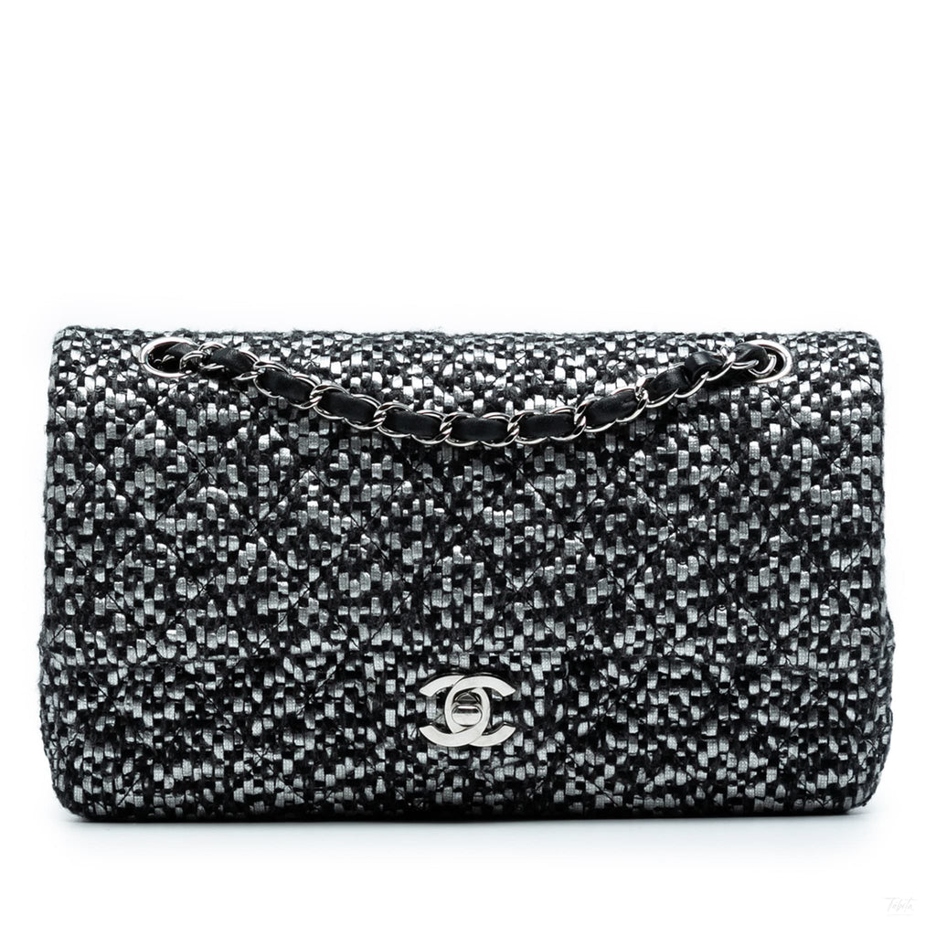 Second hand Chanel Classic Double Flap Medium Tweed Shoulder Bag Black - Tabita Bags