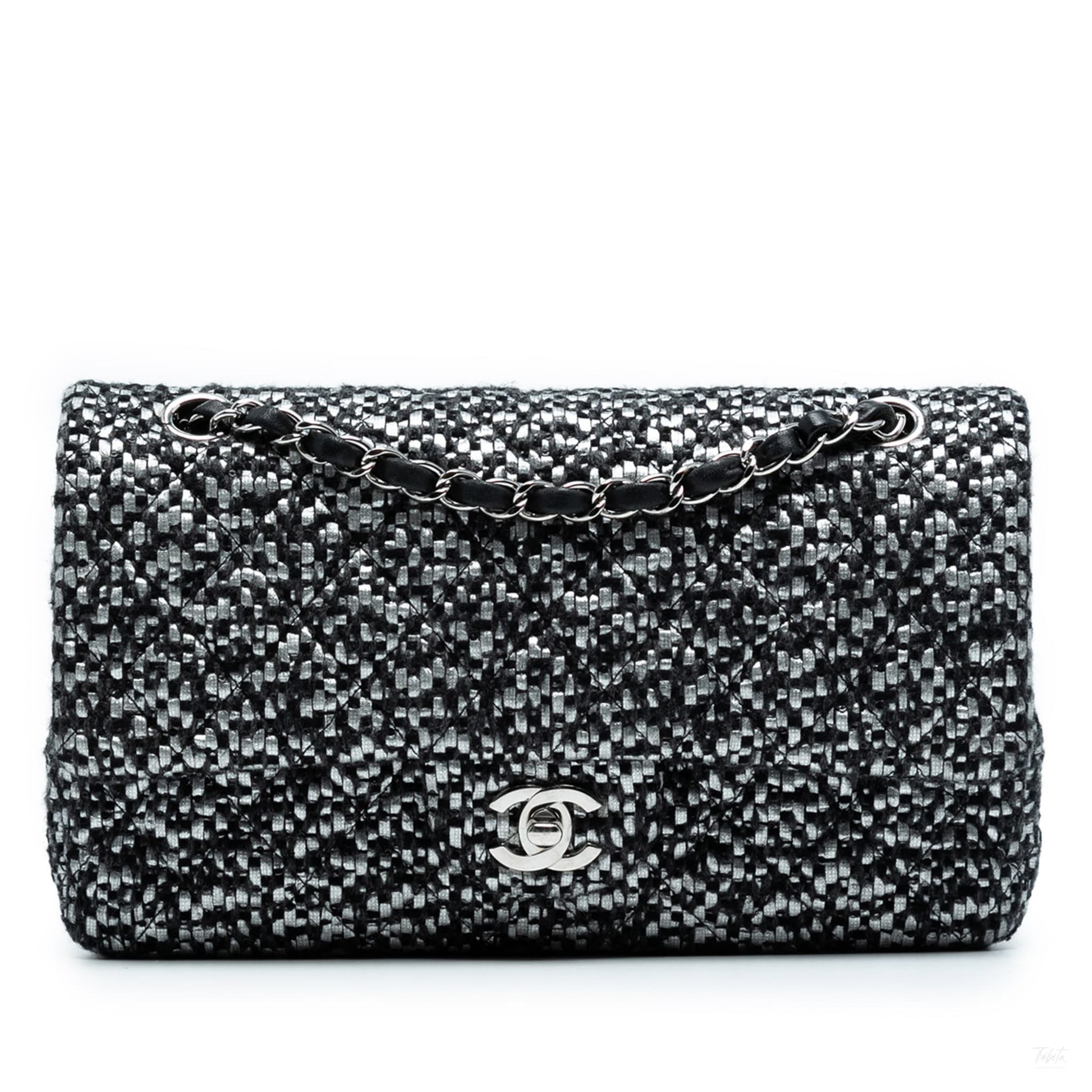 Second hand Chanel Classic Double Flap Medium Tweed Shoulder Bag Black - Tabita Bags