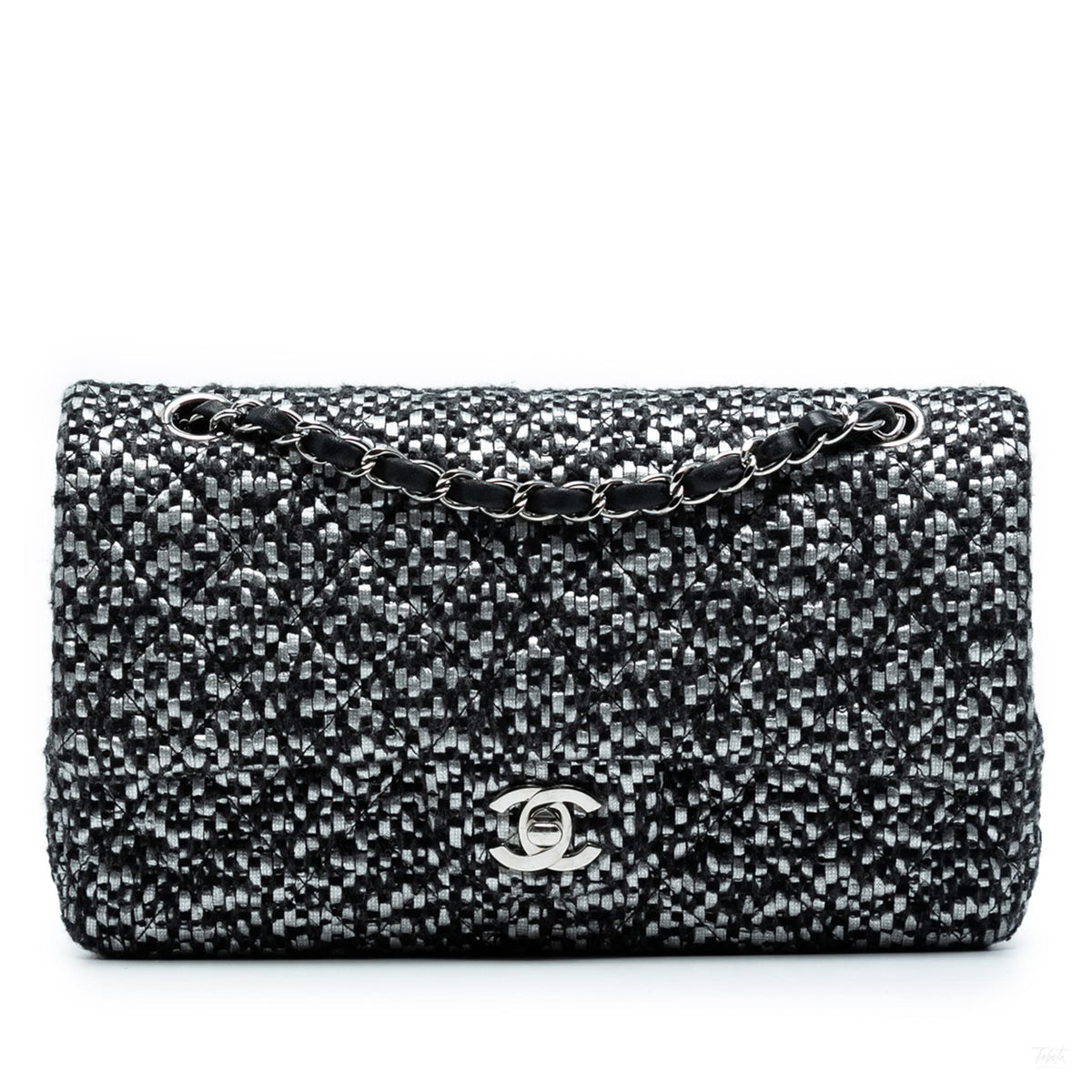 Second hand Chanel Classic Double Flap Medium Tweed Shoulder Bag Black - Tabita Bags