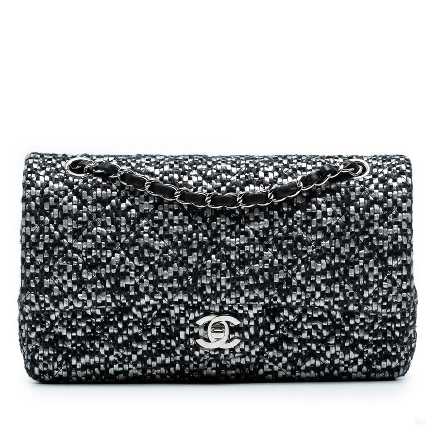 Second hand Chanel Classic Double Flap Medium Tweed Shoulder Bag Black - Tabita Bags