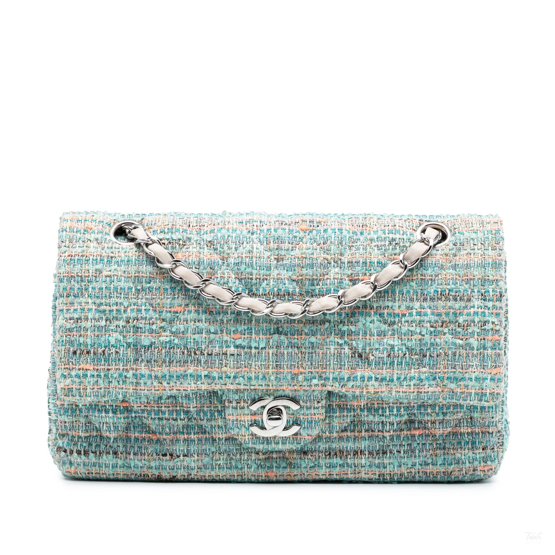 Second hand Chanel Classic Double Flap Medium Tweed Shoulder Bag Blue - Tabita Bags