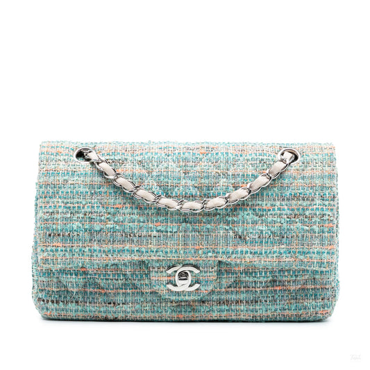 Second hand Chanel Classic Double Flap Medium Tweed Shoulder Bag Blue - Tabita Bags