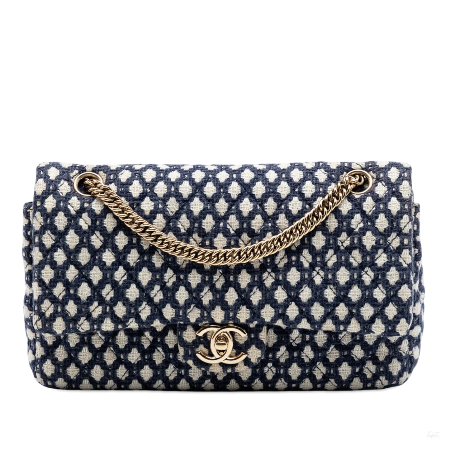 Second hand Chanel Classic Double Flap Medium Tweed Shoulder Bag Blue - Tabita Bags