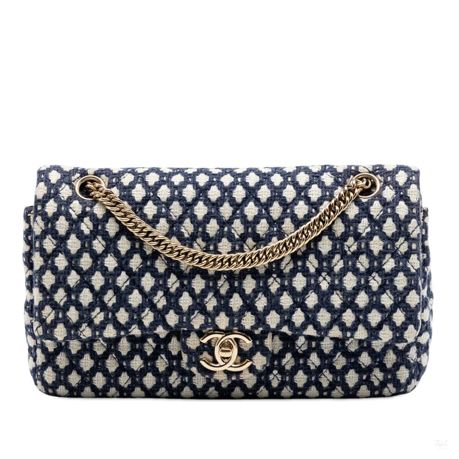 Second hand Chanel Classic Double Flap Medium Tweed Shoulder Bag Blue - Tabita Bags