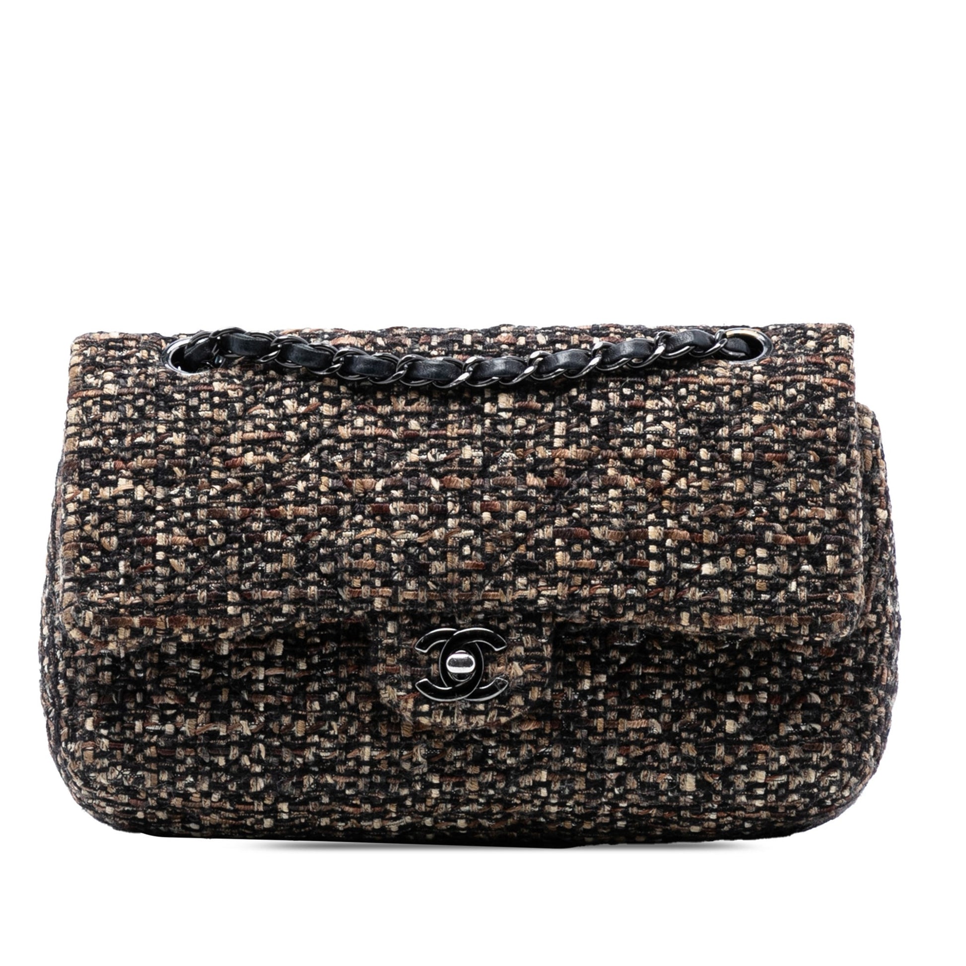 Second hand Chanel Classic Double Flap Medium Tweed Shoulder Bag Brown - Tabita Bags