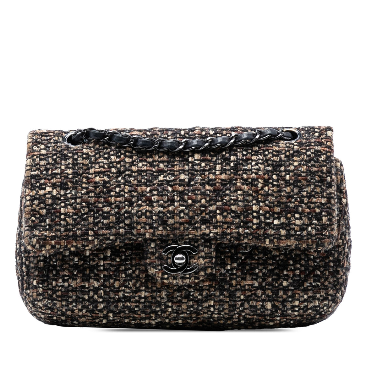 Second hand Chanel Classic Double Flap Medium Tweed Shoulder Bag Brown - Tabita Bags