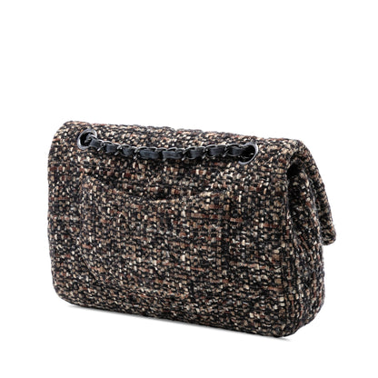 Second hand Chanel Classic Double Flap Medium Tweed Shoulder Bag Brown - Tabita Bags