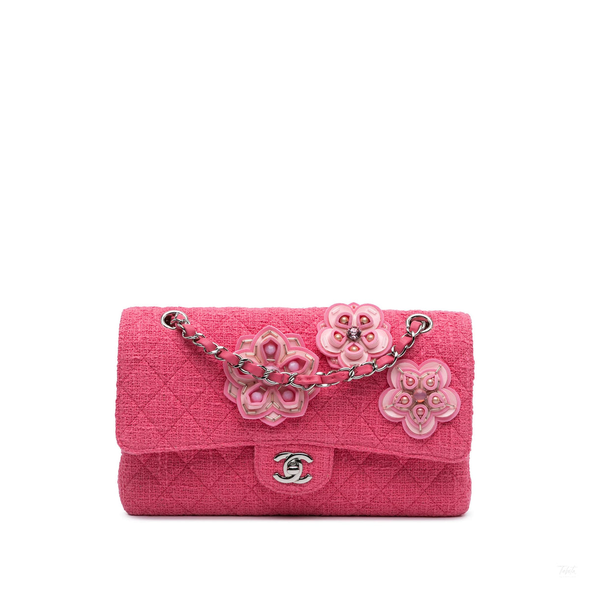 Second hand Chanel Classic Double Flap Medium Tweed Shoulder Bag Pink - Tabita Bags