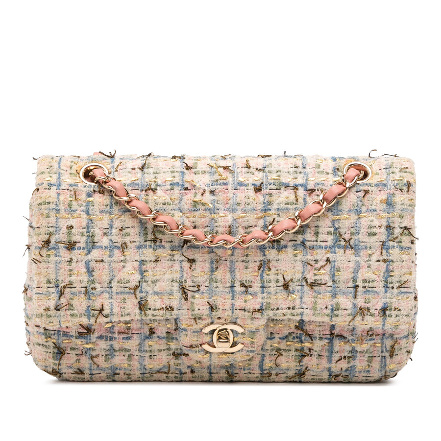 Second hand Chanel Classic Double Flap Medium Tweed Shoulder Bag Pink - Tabita Bags