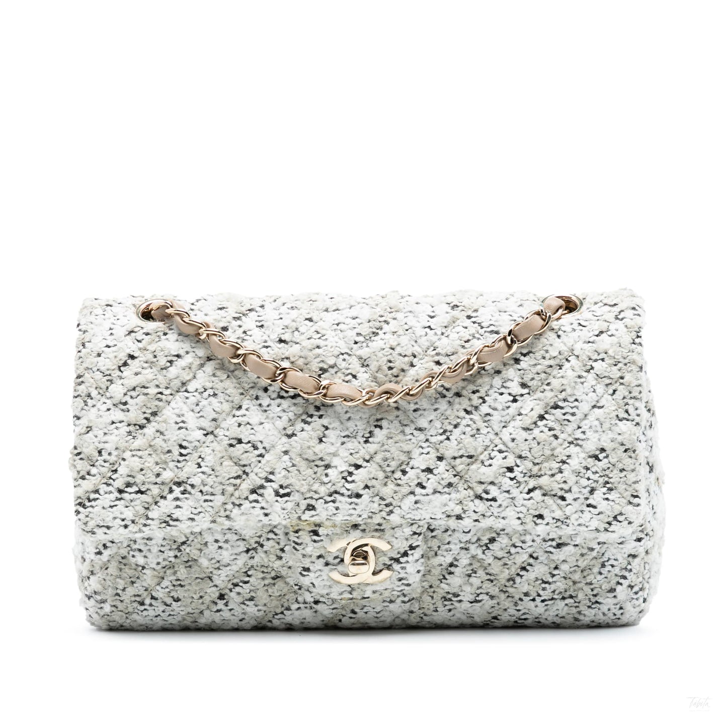 Second hand Chanel Classic Double Flap Medium Tweed Shoulder Bag White - Tabita Bags