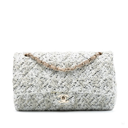 Second hand Chanel Classic Double Flap Medium Tweed Shoulder Bag White - Tabita Bags