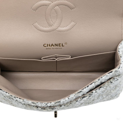 Second hand Chanel Classic Double Flap Medium Tweed Shoulder Bag White - Tabita Bags