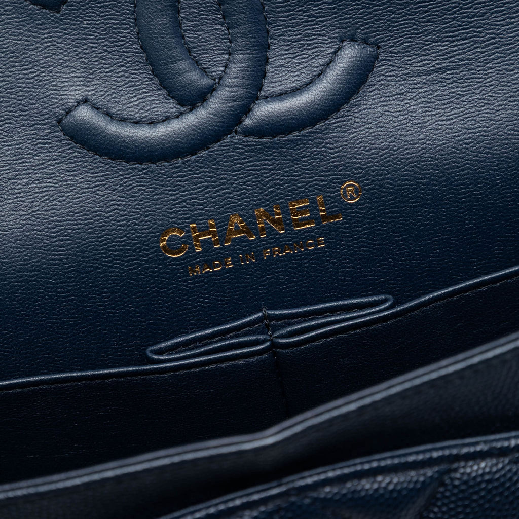Second hand Chanel Classic Double Flap Small Caviar Leather Matelassè Shoulder Bag Blue - Tabita Bags