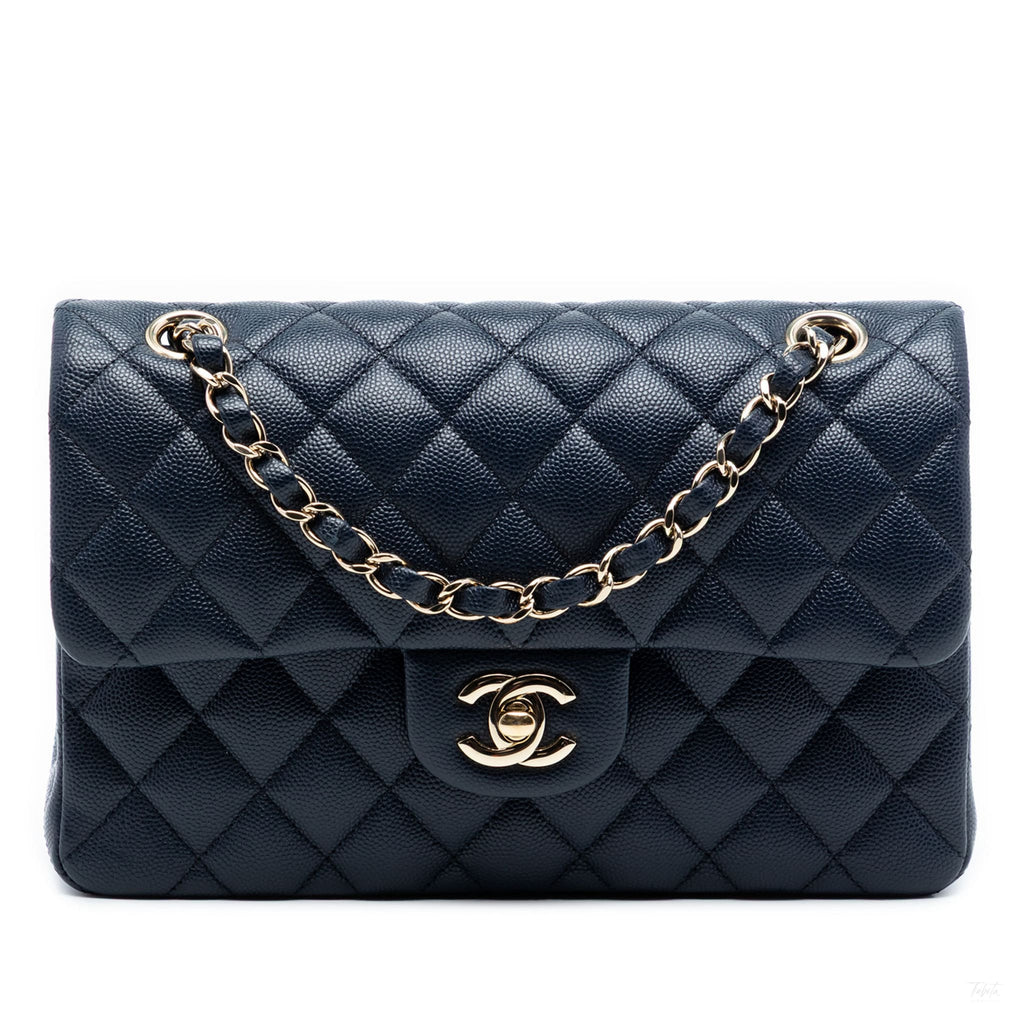 Second hand Chanel Classic Double Flap Small Caviar Leather Matelassè Shoulder Bag Blue - Tabita Bags