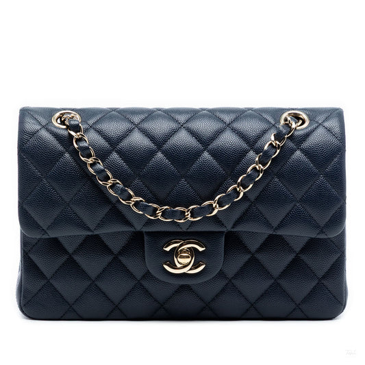 Second hand Chanel Classic Double Flap Small Caviar Leather Matelassè Shoulder Bag Blue - Tabita Bags