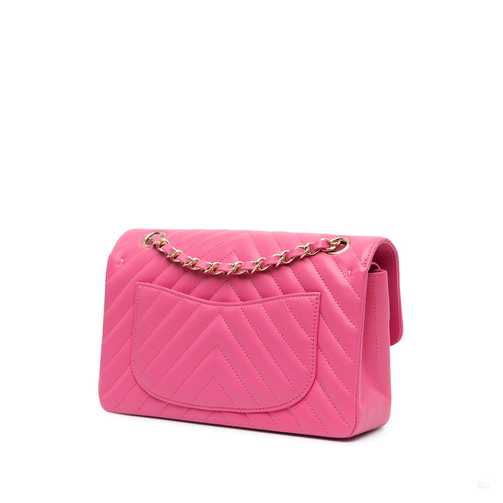 Second hand Chanel Classic Double Flap Small Lambskin Leather Chevron Shoulder Bag Pink - Tabita Bags