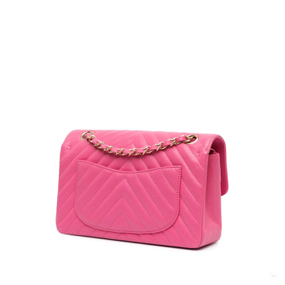 Second hand Chanel Classic Double Flap Small Lambskin Leather Chevron Shoulder Bag Pink - Tabita Bags