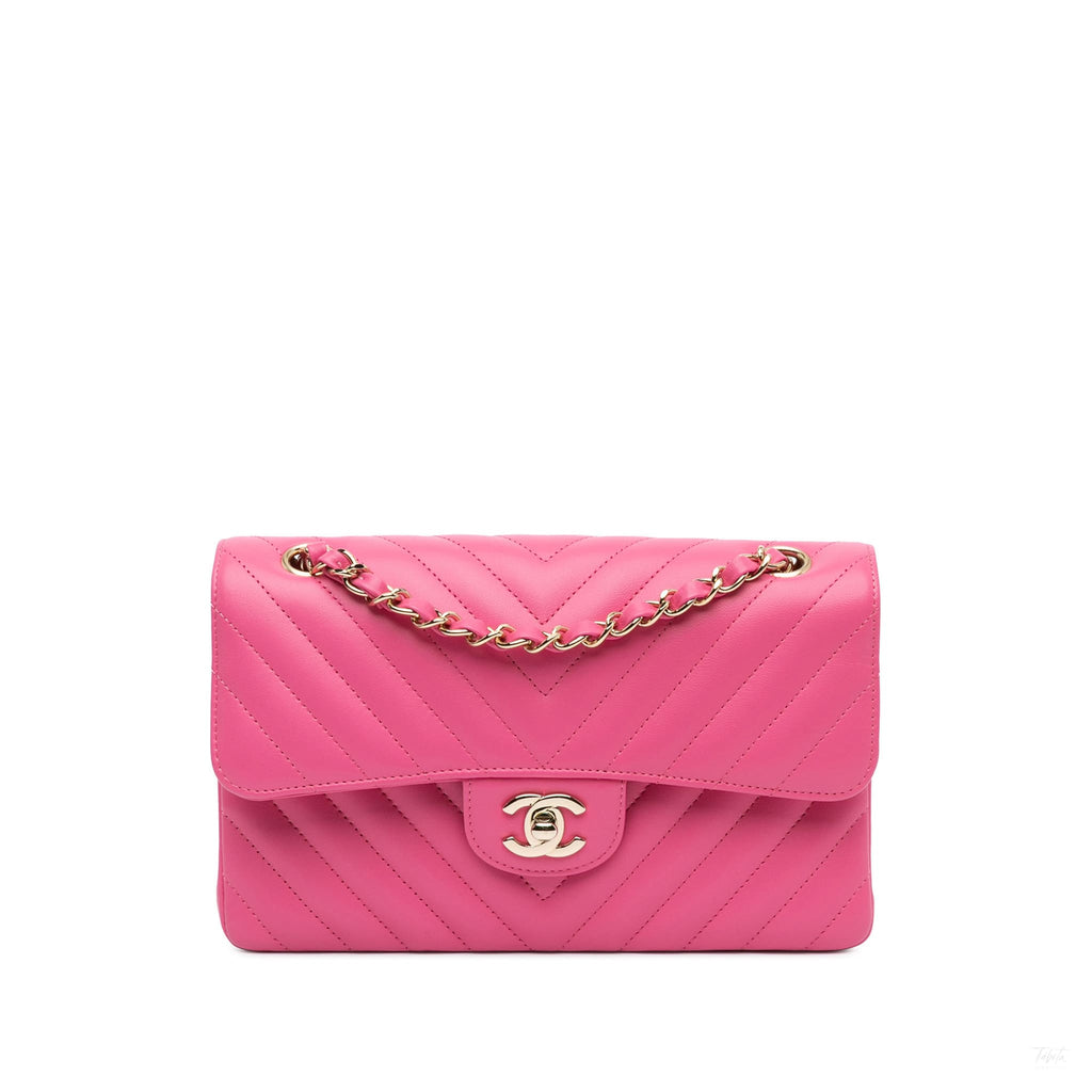 Second hand Chanel Classic Double Flap Small Lambskin Leather Chevron Shoulder Bag Pink - Tabita Bags