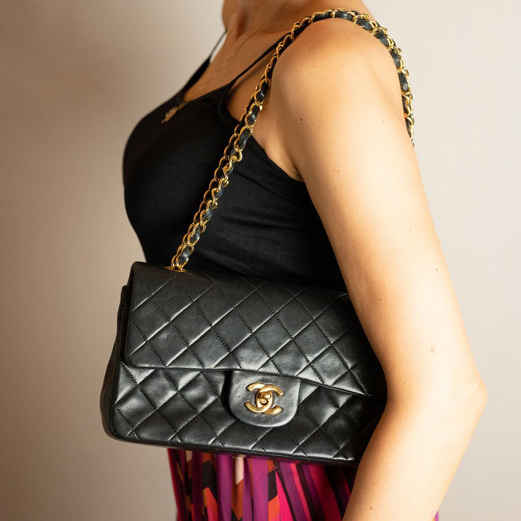 Second hand Chanel Classic Double Flap Small Lambskin Leather Matelassè Shoulder Bag Black - Tabita Bags