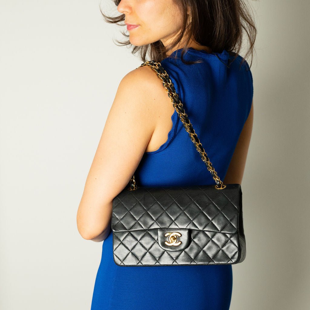 Second hand Chanel Classic Double Flap Small Lambskin Leather Matelassè Shoulder Bag Black - Tabita Bags