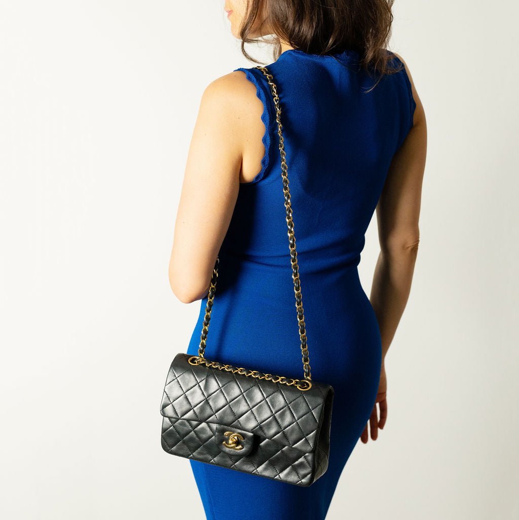 Second hand Chanel Classic Double Flap Small Lambskin Leather Matelassè Shoulder Bag Black - Tabita Bags