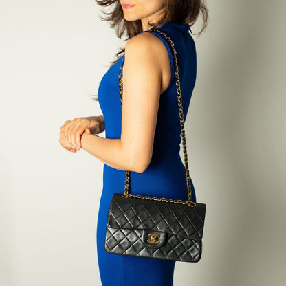 Second hand Chanel Classic Double Flap Small Lambskin Leather Matelassè Shoulder Bag Black - Tabita Bags