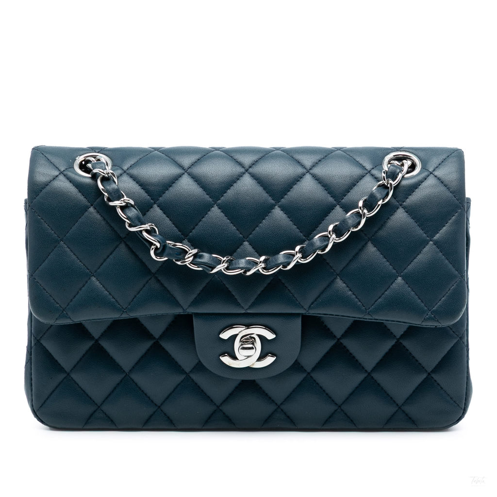 Second hand Chanel Classic Double Flap Small Lambskin Leather Matelassè Shoulder Bag Blue - Tabita Bags