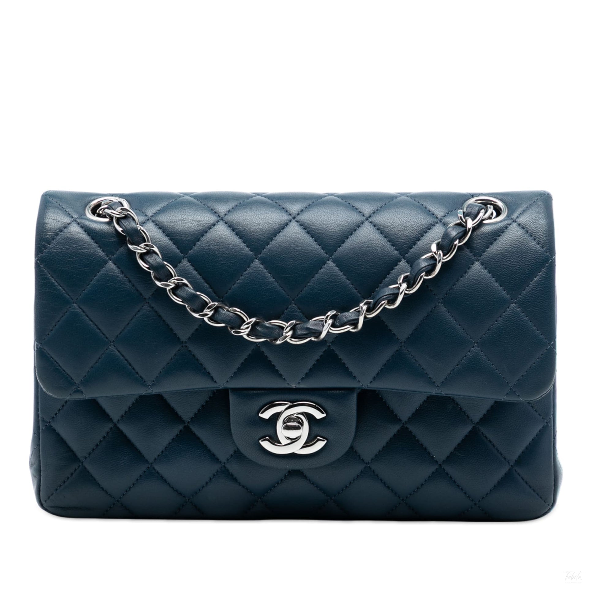 Second hand Chanel Classic Double Flap Small Lambskin Leather Matelassè Shoulder Bag Blue - Tabita Bags