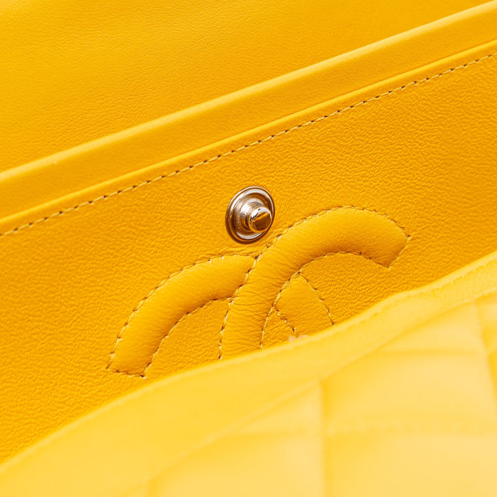 Second hand Chanel Classic Double Flap Small Matelassè Lambskin Flap Shoulder Bag Yellow - Tabita Bags