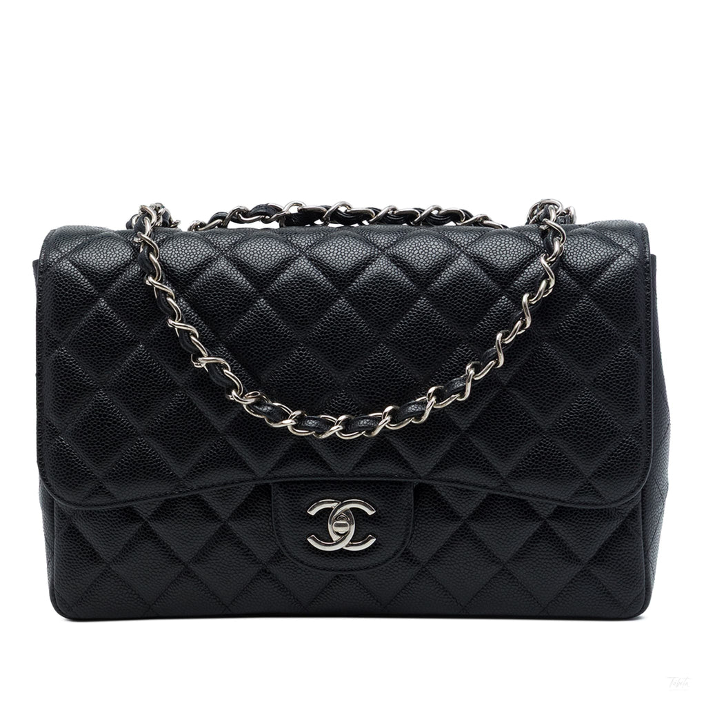Second hand Chanel Classic Single Flap Jumbo Caviar Leather Matelassè Handbag Black - Tabita Bags